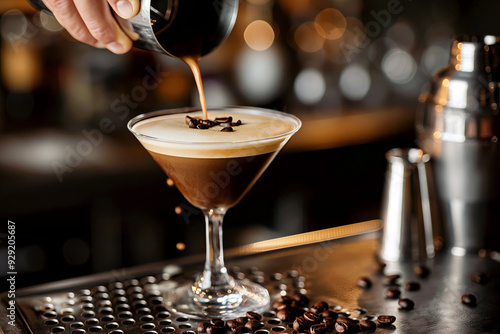 Espresso martini being prepared, with a shaker, cocktail glass, and coffee beans as garnish, set in a chic bar environment.