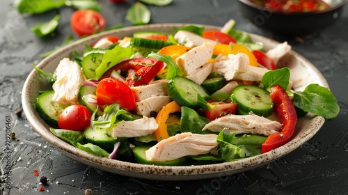 Fresh Salad with Chicken, Cherry Tomatoes, Cucumber, and Bell Peppers - A Healthy Meal Option.