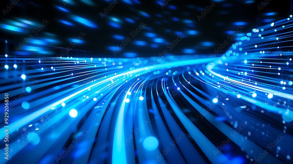 Blue light trails on a dark background, depicting the flow of data with a sense of movement and energy Blue light trails on a dark background, depicting the flow of data with a sense of movement and energy