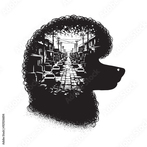 silhouette of Poodle, filled with ghetto street in rough drawing,