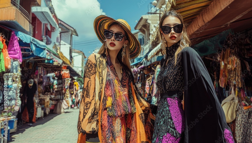 Fototapeta premium Two women in stylish outfits pose in a marketplace.