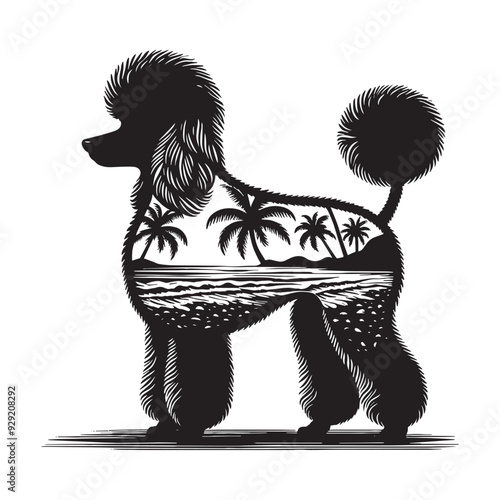 silhouette of Poodle, filled with ocean beach view with palm tree in rough drawing,