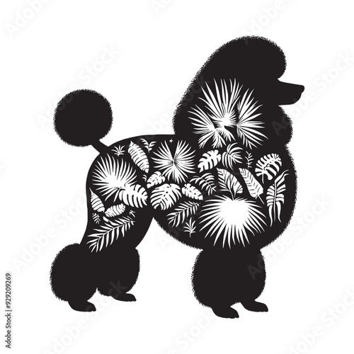 silhouette of Poodle, filled with tropical plant in the jungle in rough drawing,