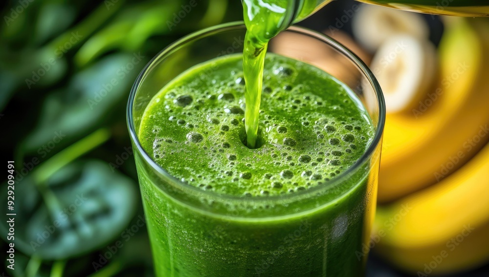 Green smoothie being poured into glass. Green smoothie being poured into glass.