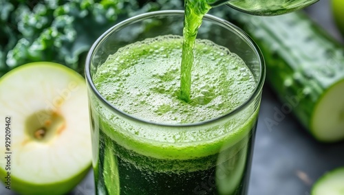 Green smoothie pouring into glass with apple and cucumber.