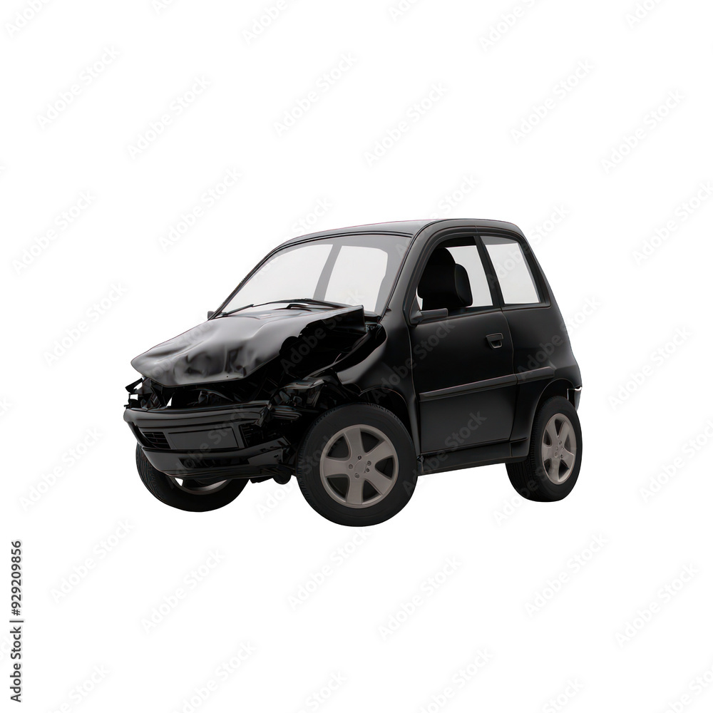 A damaged black compact car showcasing details of an accident, emphasizing the impact on urban vehicles and road safety. transparent background A damaged black compact car showcasing details of an accident, emphasizing the impact on urban vehicles and road safety. transparent background