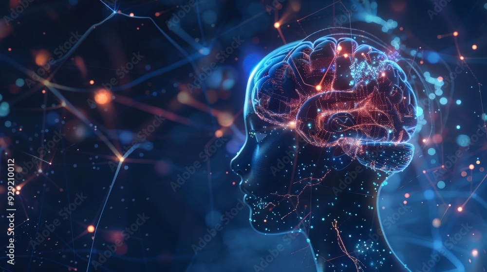Fototapeta premium A digital representation of a human head with a glowing brain, symbolizing intelligence and technology.