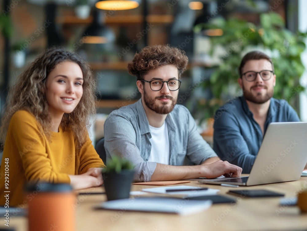 Fototapeta premium A group of three young professionals smiling confidently, working together in a modern office setting with laptops and documents.