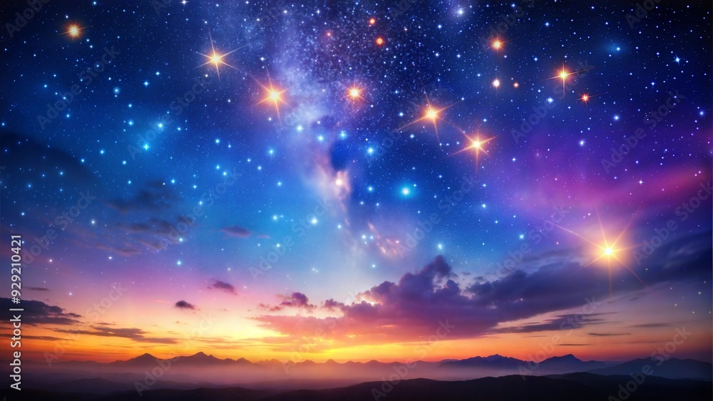 Fototapeta premium Starry Night Sky with Glowing Stars Above a Mountainous Horizon