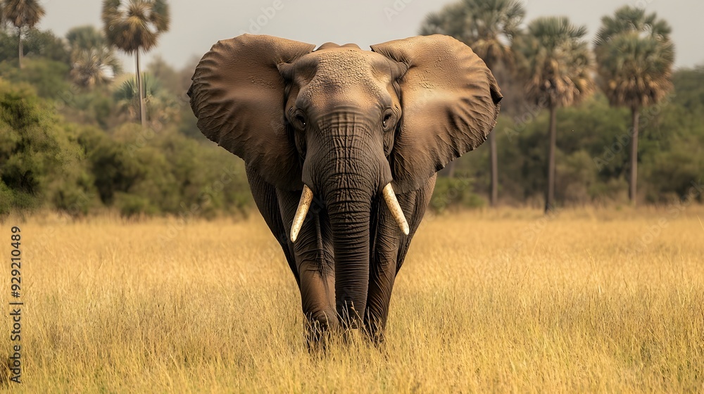 Obraz premium A majestic African elephant gracefully walking through the sweeping savanna with a backdrop of iconic acacia trees dotting the expansive and peaceful landscape