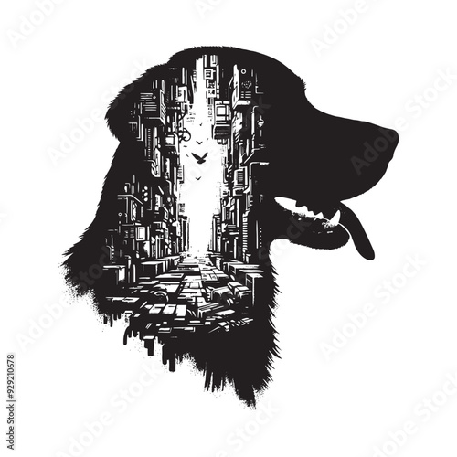 silhouette of Retriever, filled with destroyed futuristic dystopia environment in rough drawing,