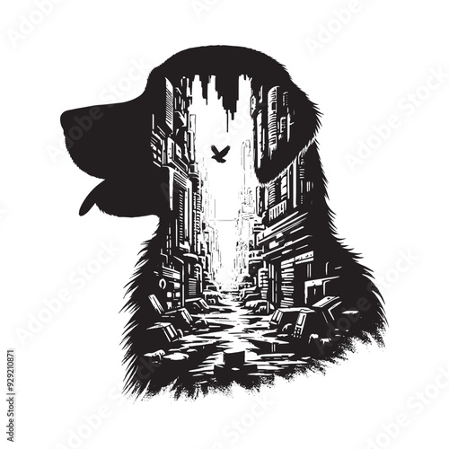 silhouette of Retriever, filled with destroyed futuristic dystopia environment in rough drawing,