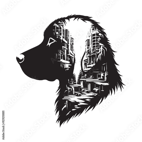 silhouette of Retriever, filled with destroyed futuristic dystopia environment in rough drawing,