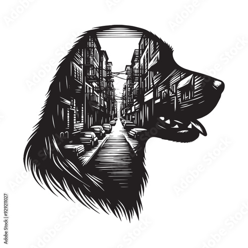 silhouette of Retriever, filled with ghetto street in rough drawing,