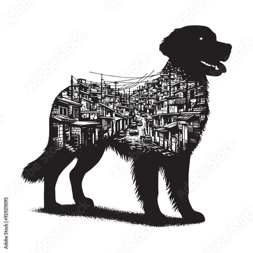 silhouette of Retriever, filled with ghetto street in rough drawing,