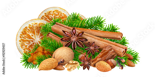 Weihnachten mit Zimtstangen, Anis, Datteln, Orangen und Nüssen auf Tannenzweigen     Hintergrund transparent PNG cut out photo