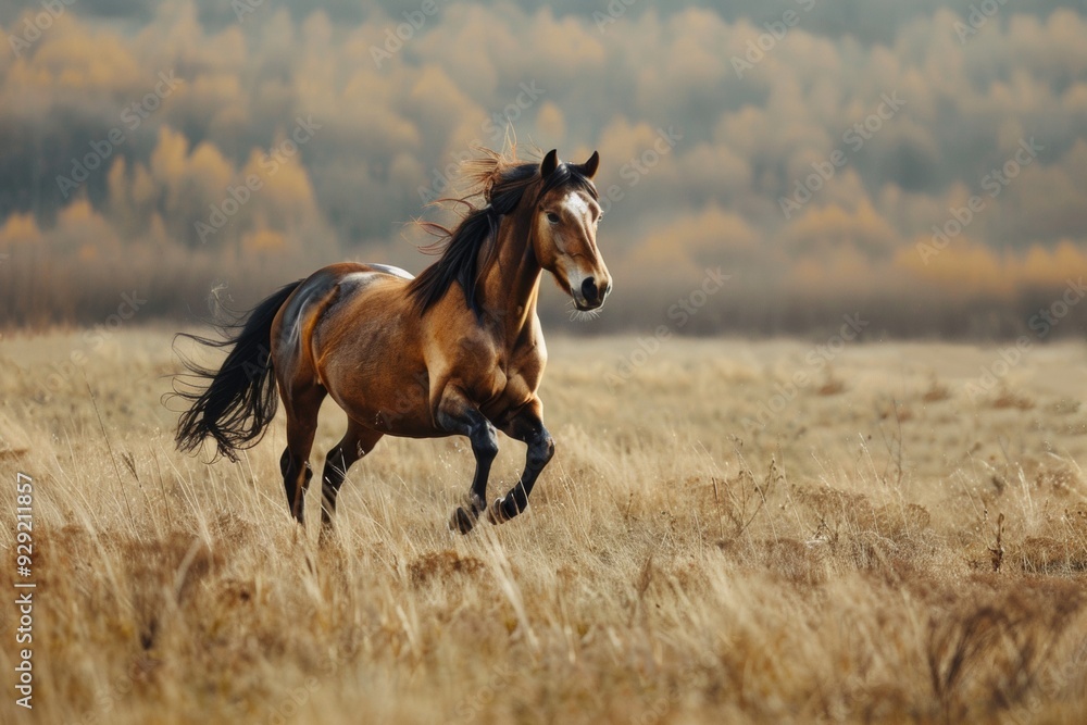 A wild horse strolls through golden fields during sunset, creating a serene and picturesque scene in an open landscape A wild horse strolls through golden fields during sunset, creating a serene and picturesque scene in an open landscape