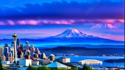 View of Seattle and Mt. Rainier at sunset, USA. photo