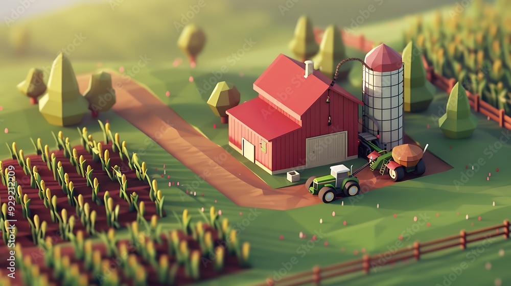 Isometric low poly art of a small farm featuring a tractor, a grain ...