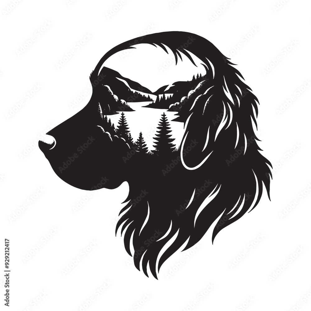 Fototapeta premium silhouette of Retriever, filled with nature view in rough drawing,