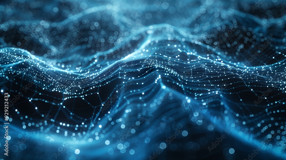 A digital representation of waves with glowing particles and a network structure. A digital representation of waves with glowing particles and a network structure.