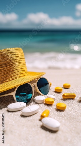 Straw hat and sunglasses lying on beach with pills scattered around