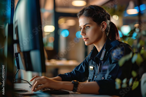 Uniformed female black police officer at a police station, Computer monitors and big digital screens with surveillance cameras video footage. photo