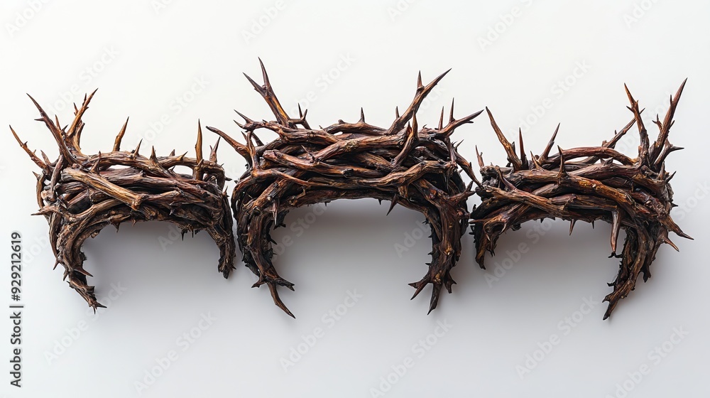 Fototapeta premium Three crowns of thorns lying on white background symbolizing jesus christ