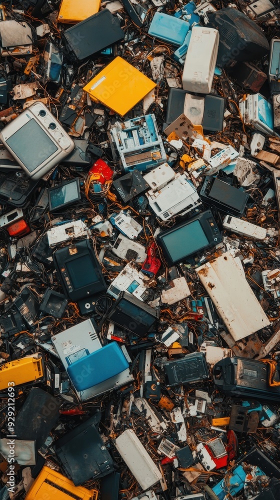 Discarded electronic devices and materials accumulate in a recycling space under clear skies Discarded electronic devices and materials accumulate in a recycling space under clear skies