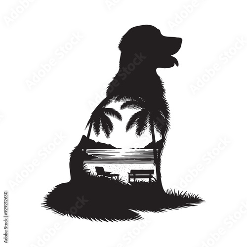 silhouette of Retriever, filled with ocean beach view with palm tree in rough drawing,