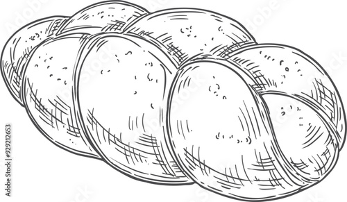 Braided bun engraving. Challah homemade bread drawing