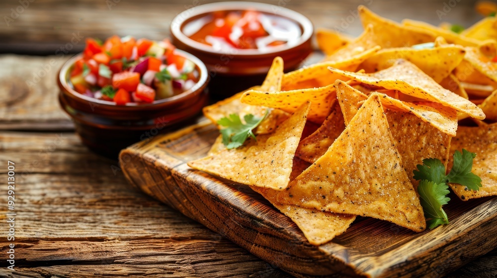 Mexican Food Concept. Yellow Corn Tortilla Chips, Salsa With Tomatoes, Cilantro, Onion And Spices Mexican Food Concept. Yellow Corn Tortilla Chips, Salsa With Tomatoes, Cilantro, Onion And Spices