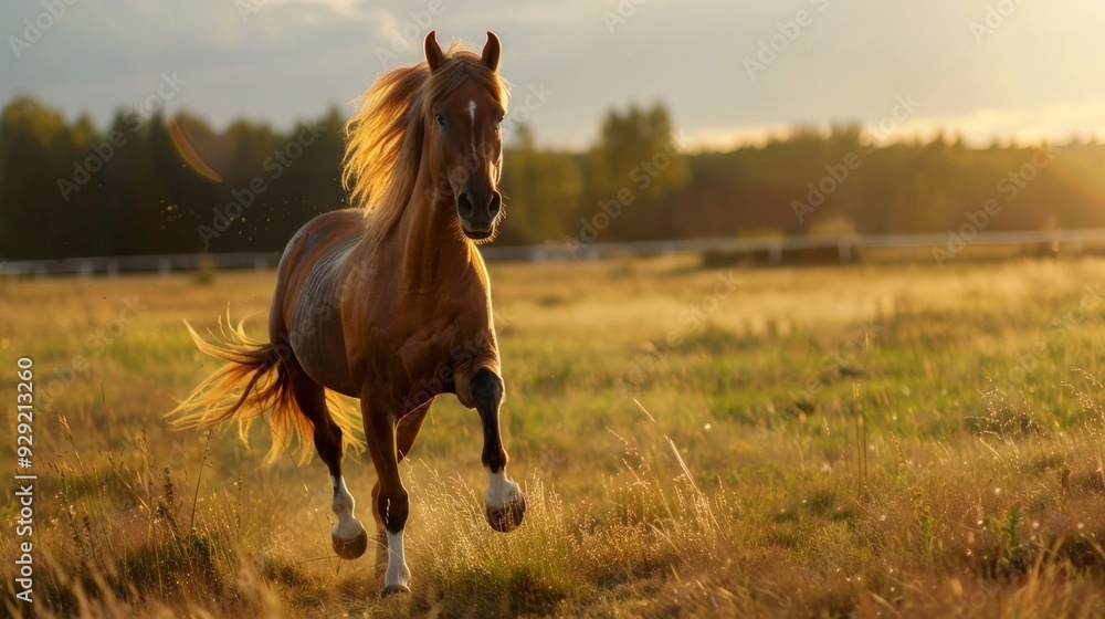 A powerful wild horse runs through a misty meadow at sunrise, capturing the essence of freedom and nature's beauty. A powerful wild horse runs through a misty meadow at sunrise, capturing the essence of freedom and nature's beauty.