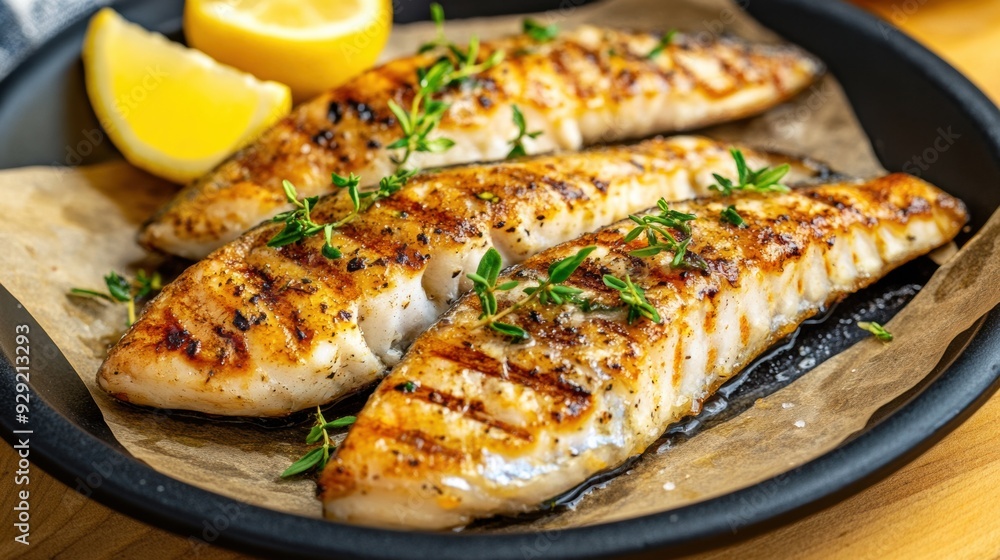 A plate of fish fillets with lemon wedges and herbs, AI A plate of fish fillets with lemon wedges and herbs, AI