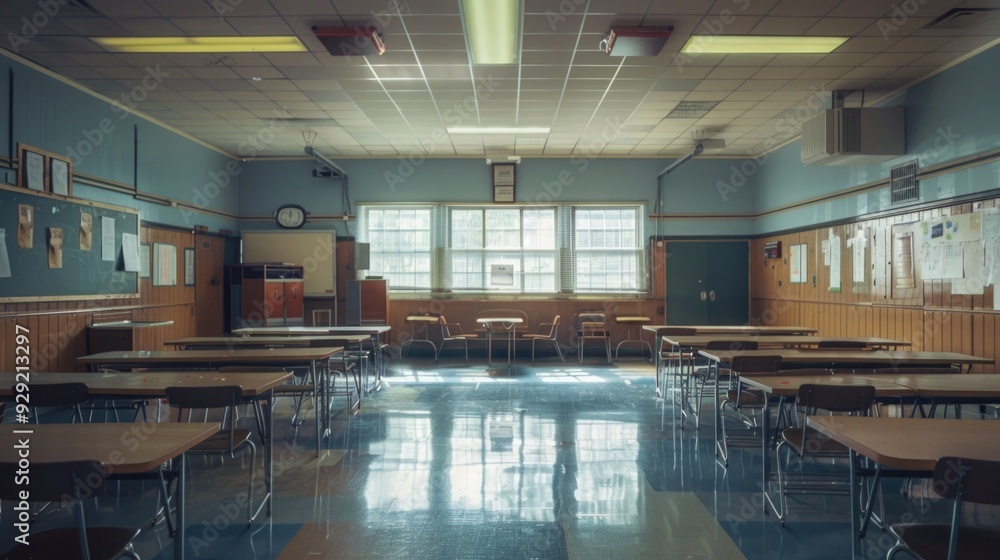 A typical school classroom with desks and a clock on the wall, suitable for educational or office settings A typical school classroom with desks and a clock on the wall, suitable for educational or office settings