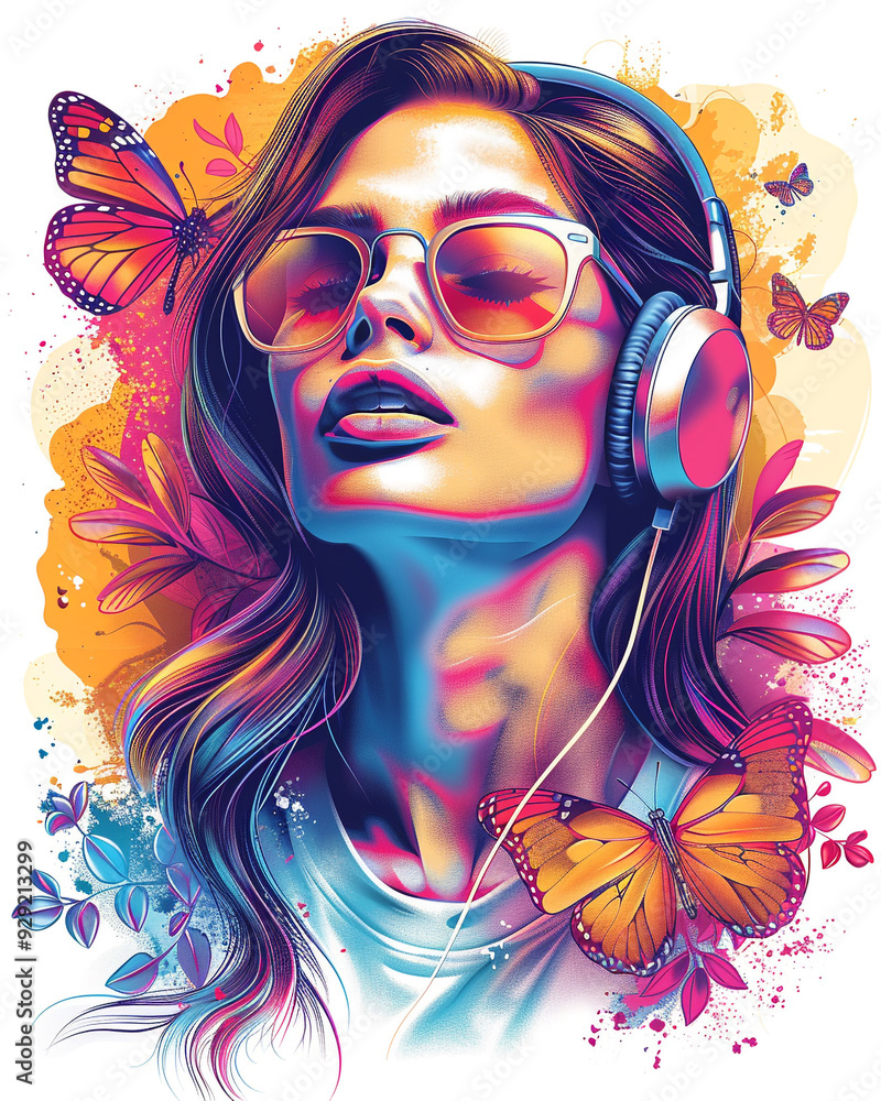 Naklejka premium Colorful poster portrait of a woman wearing headphones surrounded by butterflies and flowers, white background
