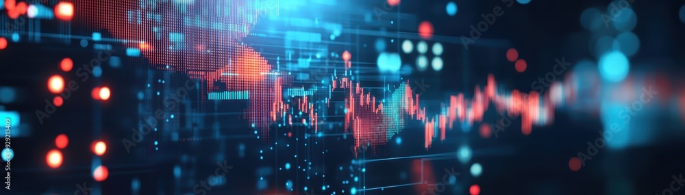Abstract technology and finance background with digital data, charts, and futuristic graphics in red and blue. Abstract technology and finance background with digital data, charts, and futuristic graphics in red and blue.