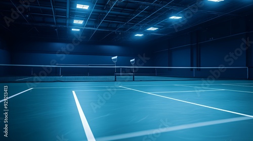 A dimly lit indoor tennis court with a focus on the playing surface and nets.