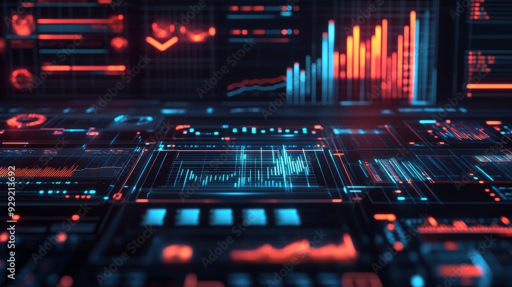 Futuristic technological interface displaying complex data and charts Futuristic technological interface displaying complex data and charts