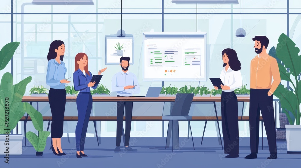 A diverse team discusses technology solutions and presents ideas in a modern office environment A diverse team discusses technology solutions and presents ideas in a modern office environment