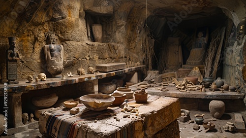 A dimly lit archaeological site filled with ancient artifacts and pottery.