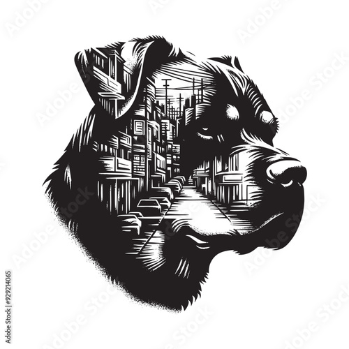 silhouette of Rottweiler, filled with ghetto street in rough drawing,