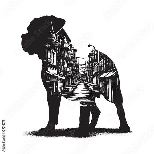 silhouette of Rottweiler, filled with ghetto street in rough drawing,