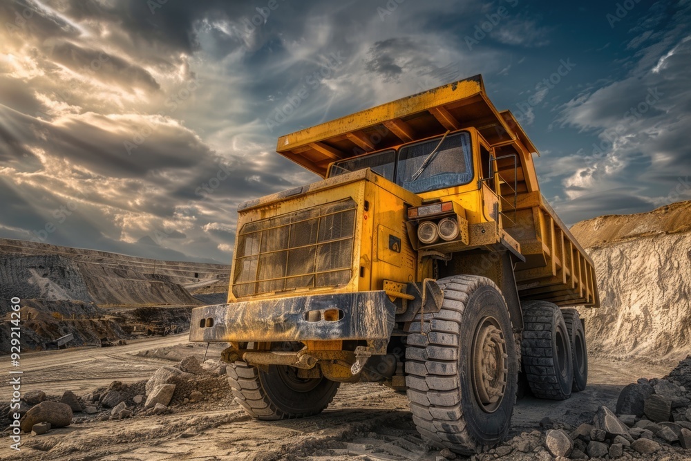 A large yellow dump truck sitting on a dirt field, suitable for construction or agricultural use A large yellow dump truck sitting on a dirt field, suitable for construction or agricultural use