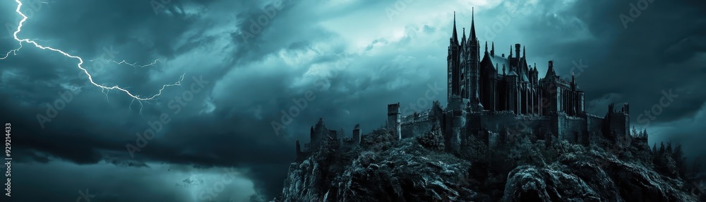 Dark, gothic castle on a hill with stormy clouds and lightning in the background, creating a spooky and dramatic atmosphere. Dark, gothic castle on a hill with stormy clouds and lightning in the background, creating a spooky and dramatic atmosphere.