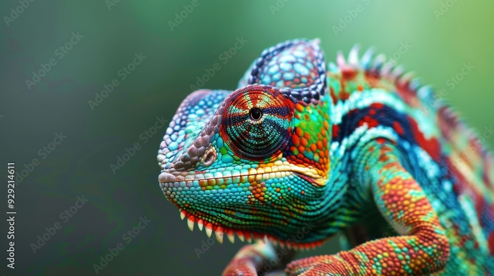 Detailed close-up of a chameleon displaying its vivid, multicolored scales and unique textured skin, set against a soft green background. Detailed close-up of a chameleon displaying its vivid, multicolored scales and unique textured skin, set against a soft green background.