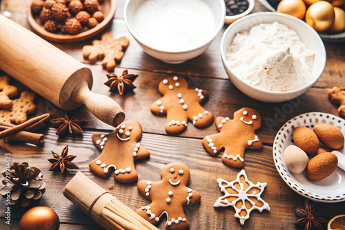 Christmas gingerbread men, gingerbread cookies, on table surrounded by food, kitchen utensils. Cooking holiday sweets. Preparation and creativity concept