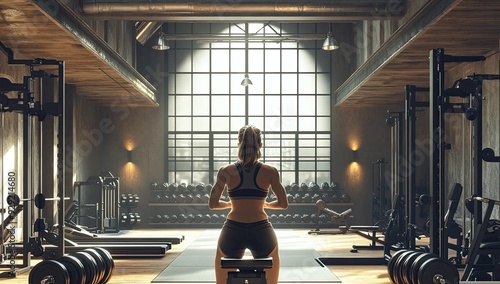 Woman in gym looking out a window.