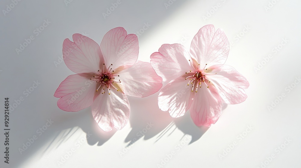 Two pink cherry blossoms casting shadows on white background Two pink cherry blossoms casting shadows on white background