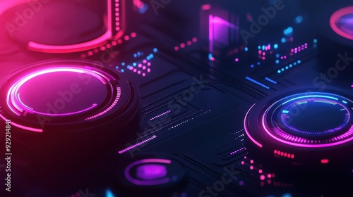 Futuristic circuit board with neon lights. Abstract concept of modern technology and innovation. Glowing elements in vibrant colors.
